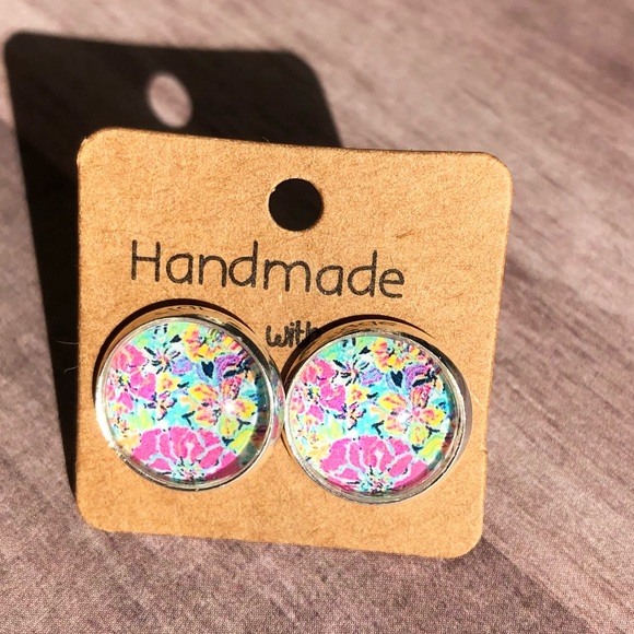 Cabana Bright Pink Floral Silver Stud Earrings - Picture 9 of 14